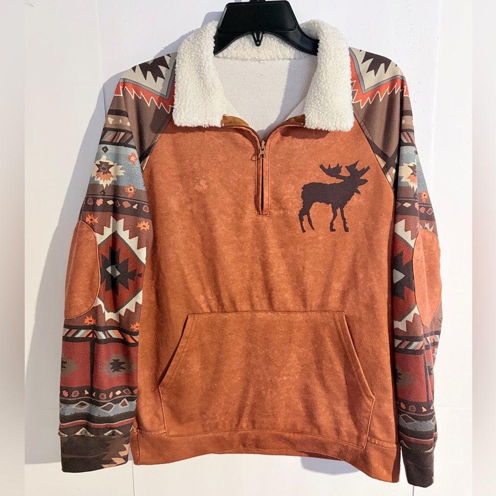 Men's Orange Patterned Sweater with Sherpa Collar